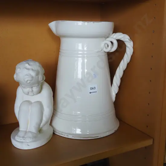 large white decorative water jug - some damage, plaster figurine - boy Jug H305