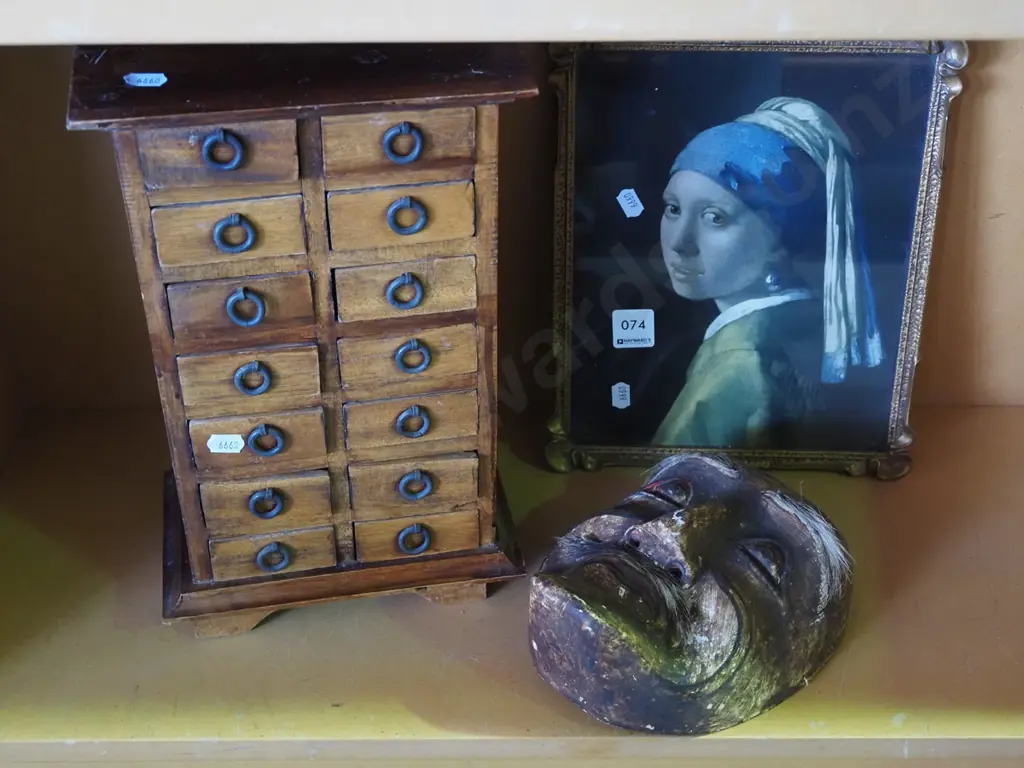 girl with pearl print, ethnic wooden mask - damage, small 14 drawer chest H320 Image 1++