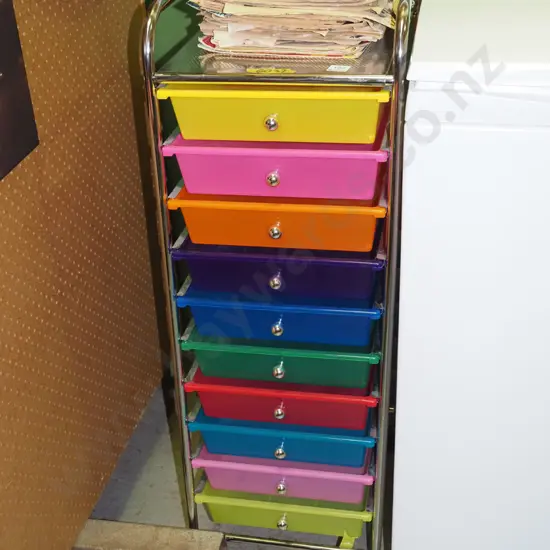 10x multi coloured plastic trays in chrome stand with casters