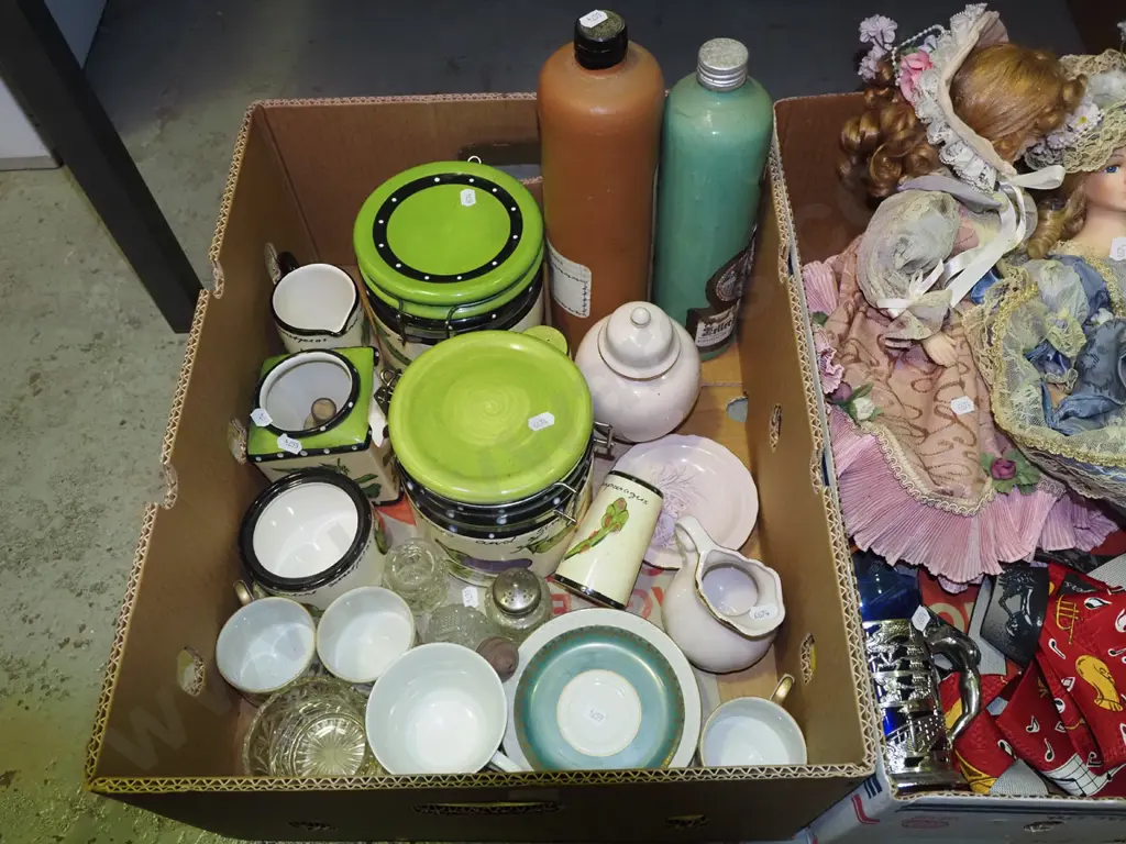 box; storage canisters, gin bottles, cups etc Image 1++