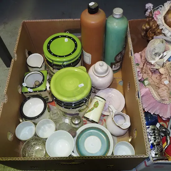 box; storage canisters, gin bottles, cups etc