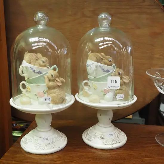 pair of ornaments, comports with rabbits under glass dome H300
