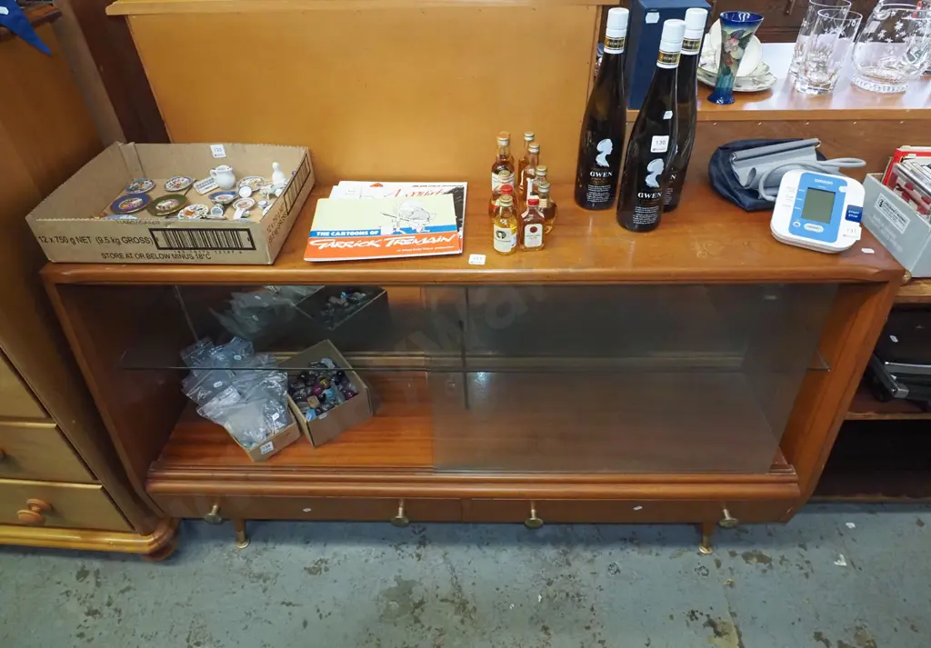 mid century display cabinet with 2 glass sliding doors above 3 drawers H820 W1370 D290 Image 1++