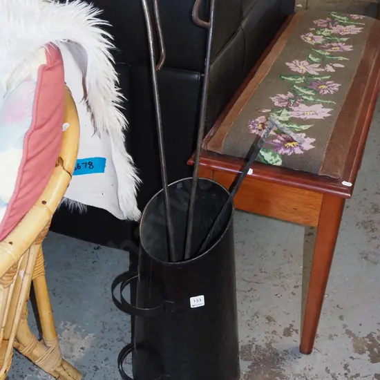 balck coal scuttle, fireside tools