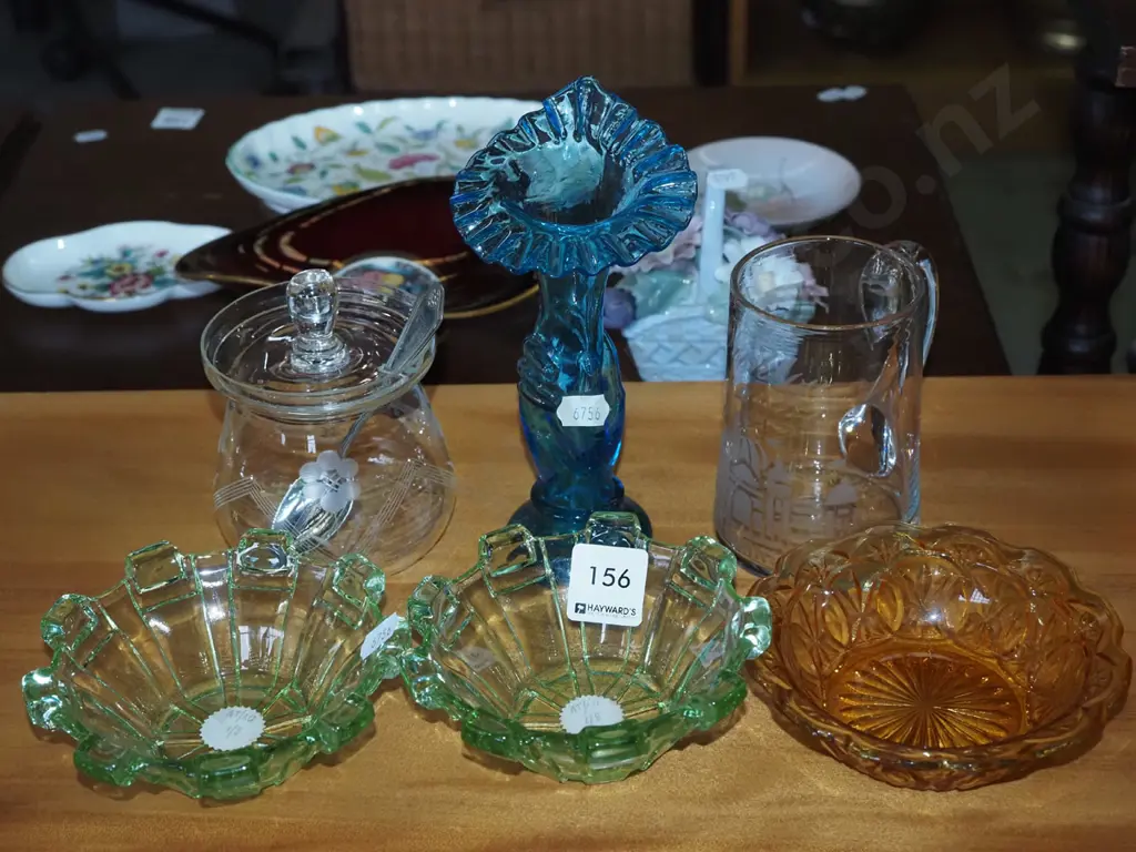 coloured glass bowls, honey pot, small etched dun ex handle etc Image 1++