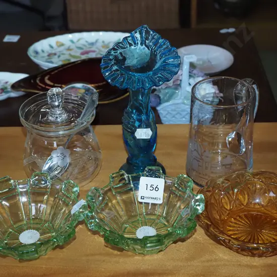 coloured glass bowls, honey pot, small etched dun ex handle etc