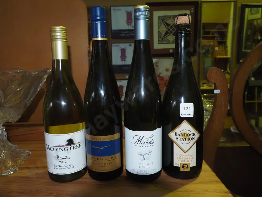 4x bottles of wine; Wooing Tree Blondie 2012, Perrigan pinot gris 2013, Misha's Vineyard rieling 2014 Image 1++