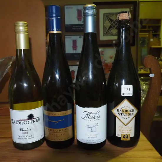 4x bottles of wine; Wooing Tree Blondie 2012, Perrigan pinot gris 2013, Misha's Vineyard rieling 2014