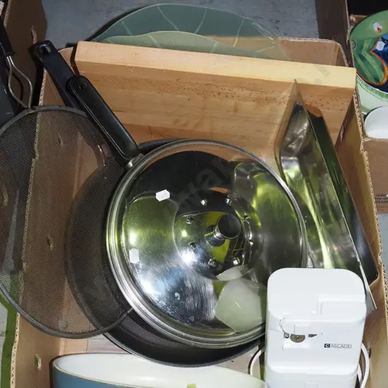 box; frying pans, wooden chopping block, denby baking dish etc