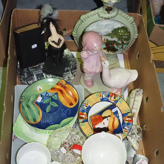 box; ceramic tea cups, saucers, figurines, plates etc