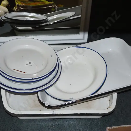 battered enamel plates, bowls, trays