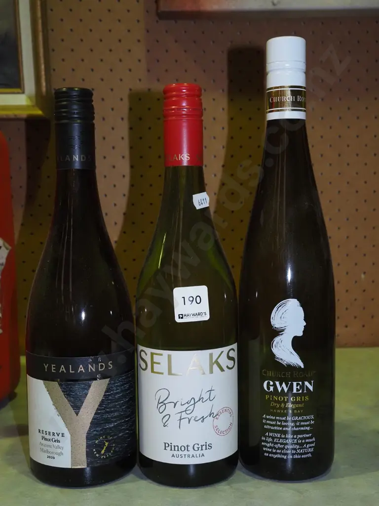 3x bottels of wine; Yealands pinot gris 2020, Selaks pinot gris 2022, Church Road pinot gris 2019 Image 1++