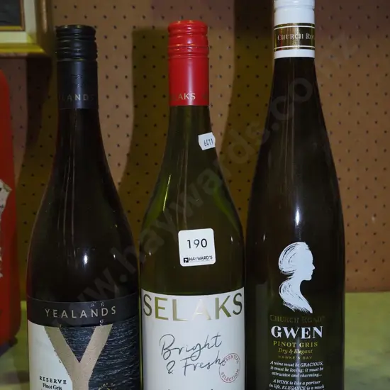 3x bottels of wine; Yealands pinot gris 2020, Selaks pinot gris 2022, Church Road pinot gris 2019