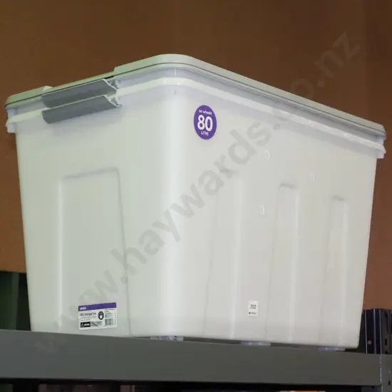 2x 80L plastic storage containers on casters