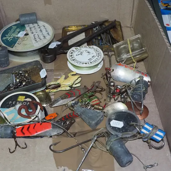 box; fishing lures, sinkers, hooks etc