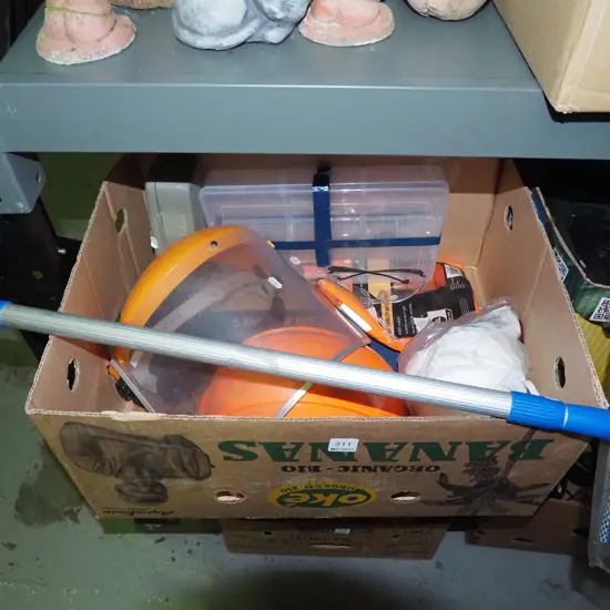 box; hard hat, window brush, dust masks etc