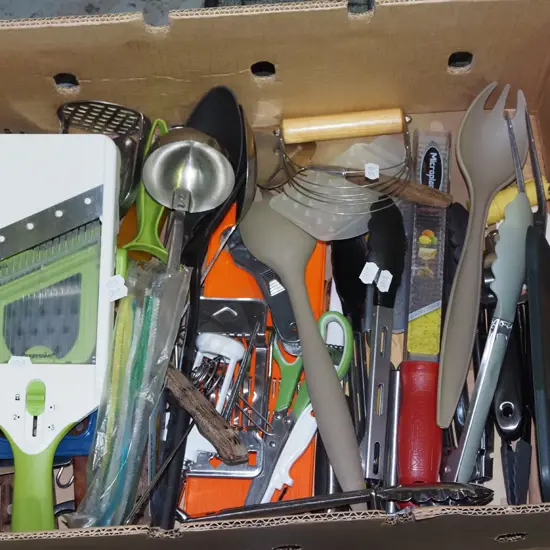 box of kitchen utensils