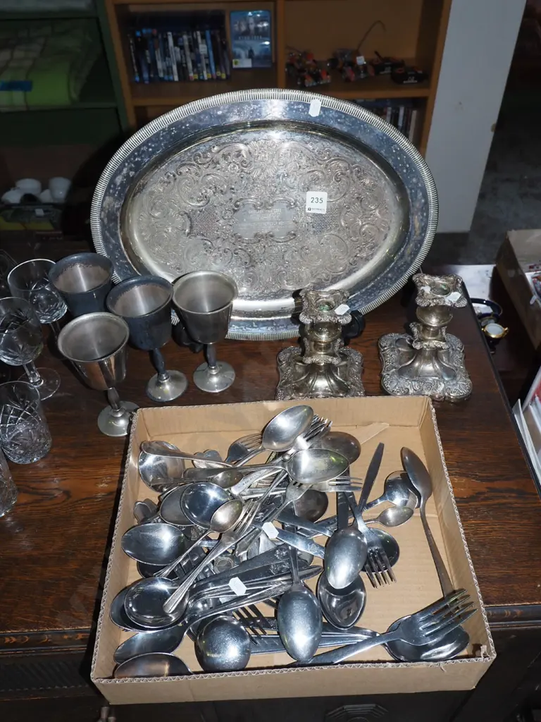 plated candlesticks, cuterly, tray etc Image 1++