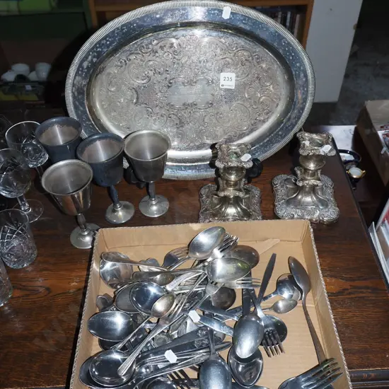plated candlesticks, cuterly, tray etc