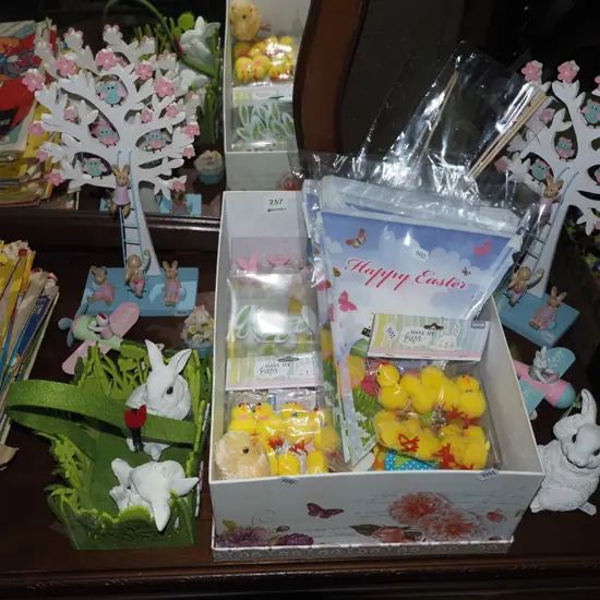 assorted Easter themed ornaments, bunting, chickens