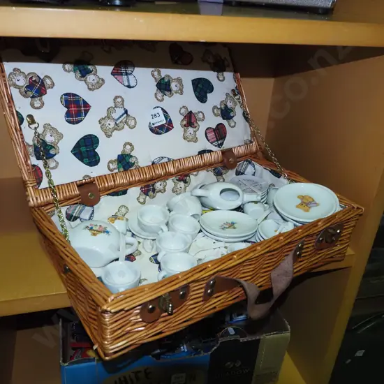 cane picnic hamper of teddy bear tea service