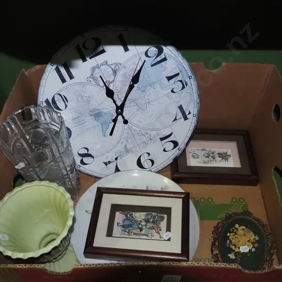 box; wall clock, vases, pate etc