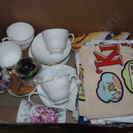 box; linen tea towels, cups, saucers etc