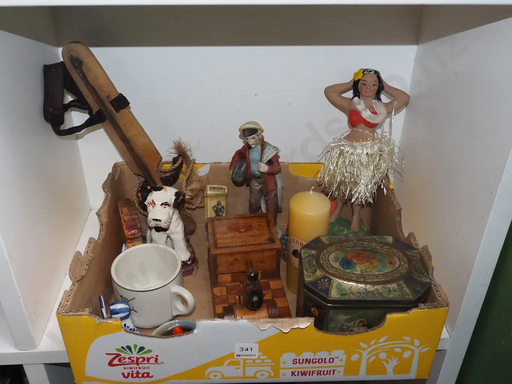 box;  Hawaiian bobbing figurine, vintage tin etc Image 1++