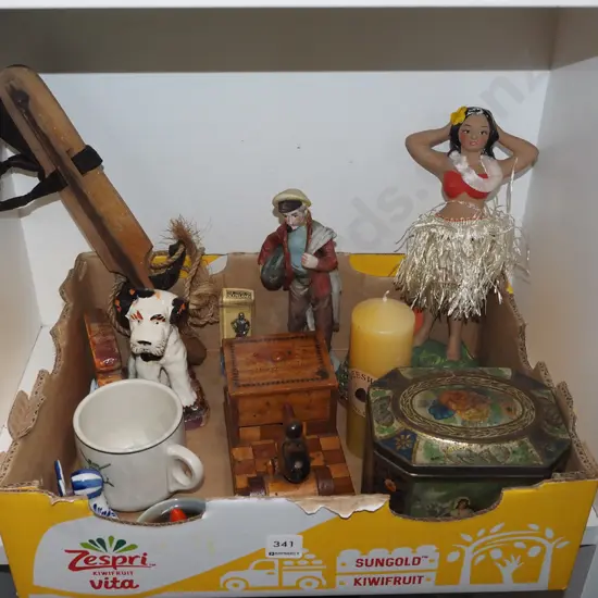 box;  Hawaiian bobbing figurine, vintage tin etc