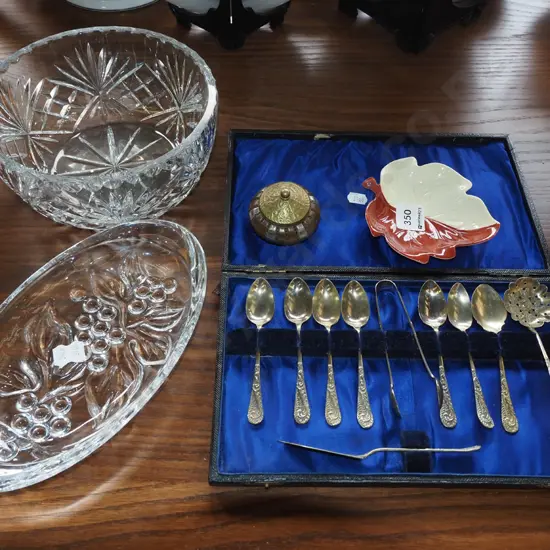 cut crystal bowl, pressed glass bowl, cased cutlery, Carlton ware dish, small trinket box