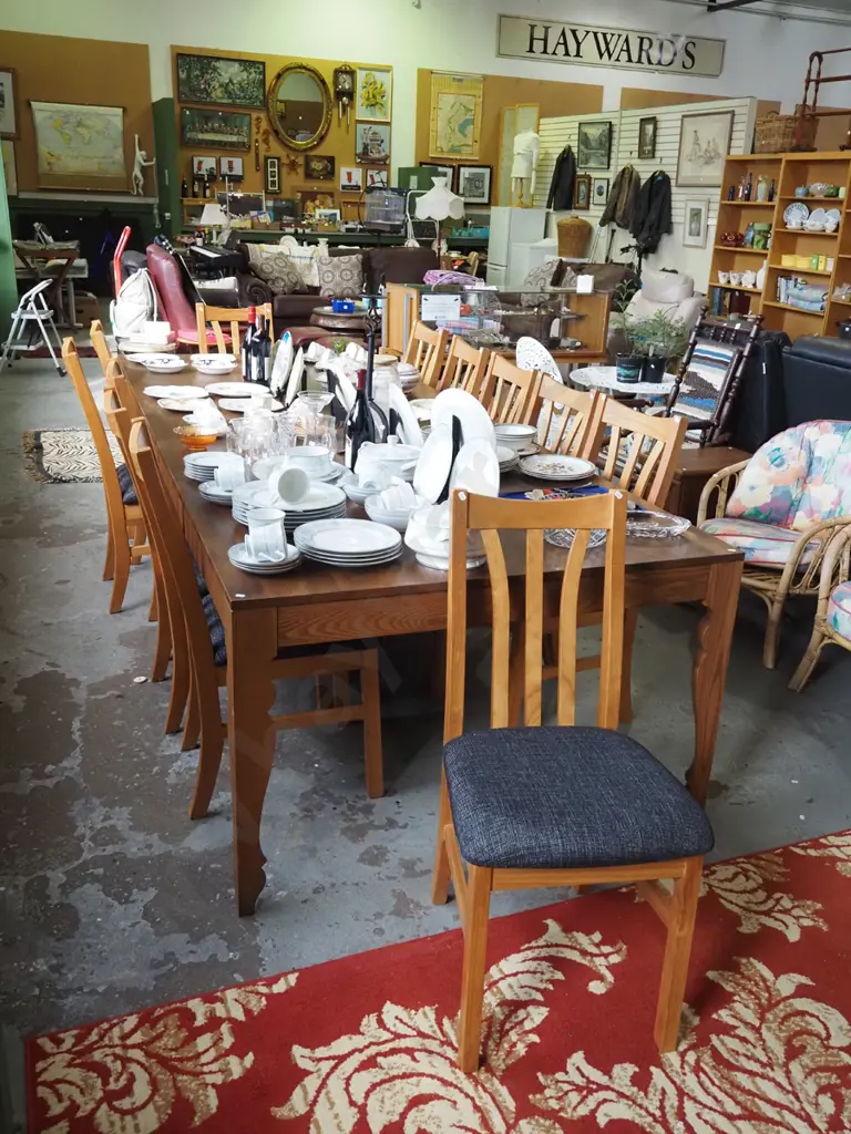 very large solid oak dining table with 12 pine and charcoal upholstered chairs H750 W3000 D1200 Image 1++