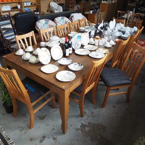 very large solid oak dining table with 12 pine and charcoal upholstered chairs H750 W3000 D1200