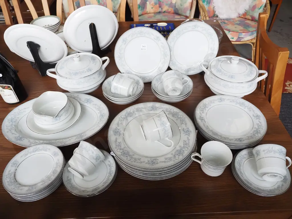 large assortment of Mikasa blue floral white and silver rim dinner items; plates, ashets etc Image 1++