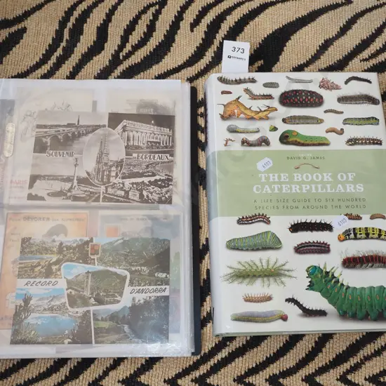 caterpillar book, folder of postcards, prints etc