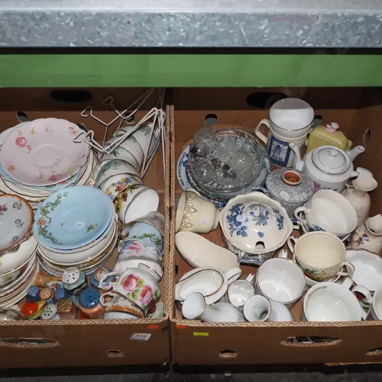 2x boxes of saucers, cups, teapots etc- orange dots