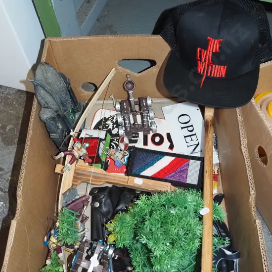 box; childrens toys, truckers cap etc