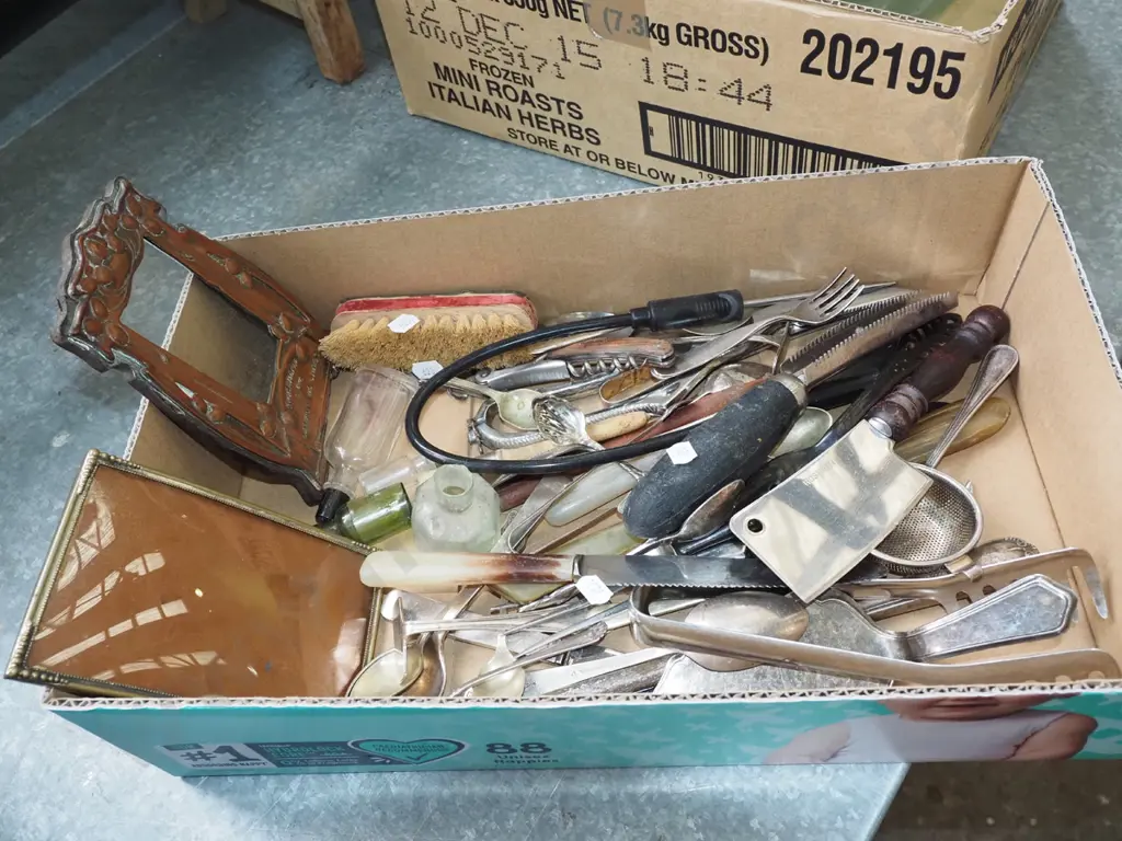 box; kitchen utensils, clothes brush, small beaten copper art nouveau picture frame etc Image 1++