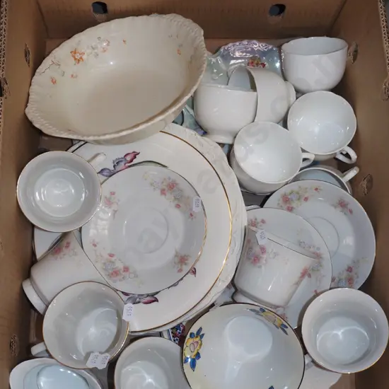 box; cups, saucers, plates, bowls