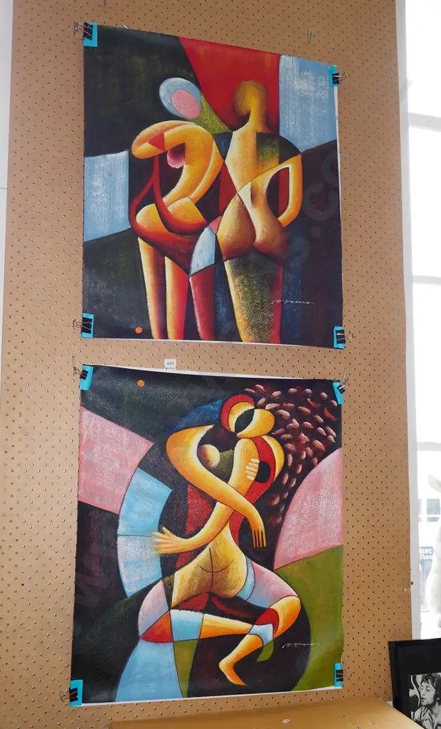 2x unframed oils on canvas -  abstract people - orange dots Image 1++