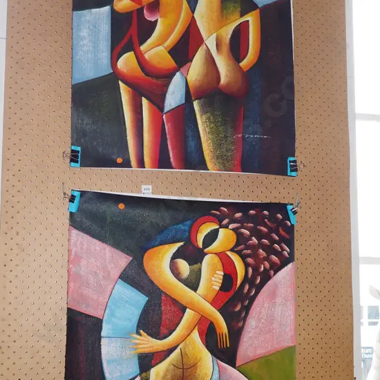 2x unframed oils on canvas -  abstract people - orange dots