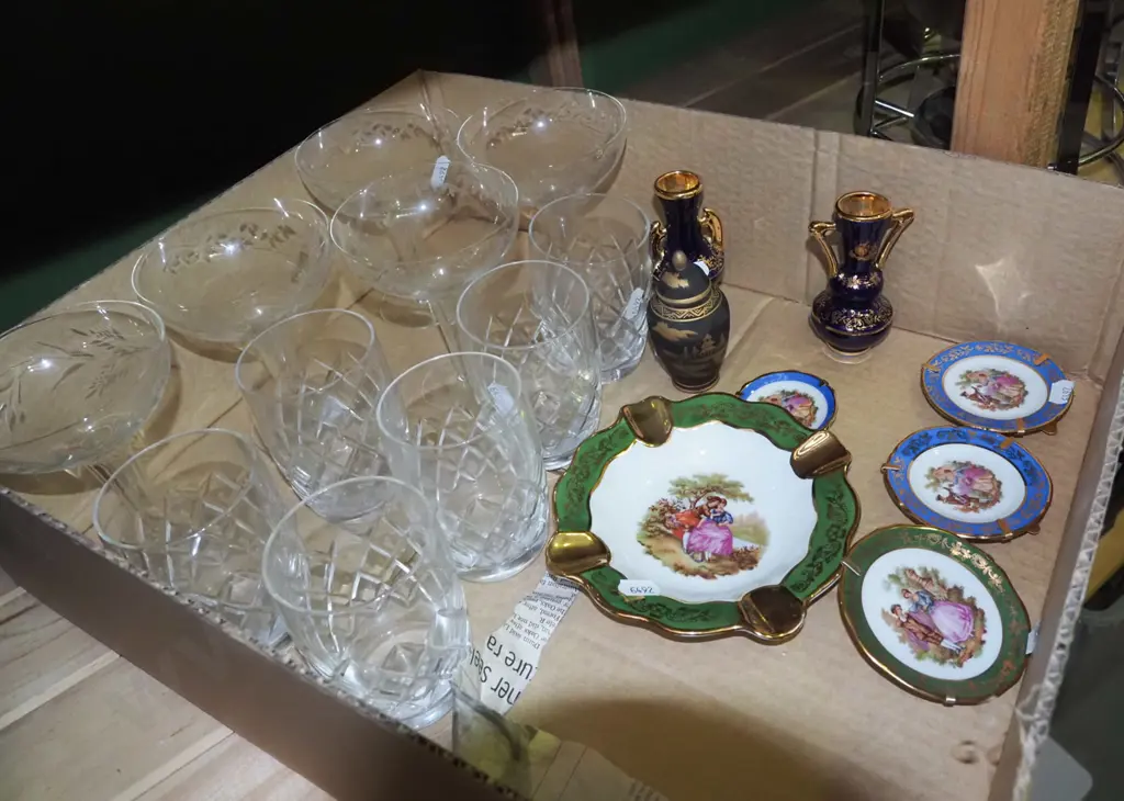 box; hollow stemmed etched champagne glasses, whisky glasses, Limoges miniatures Image 1++