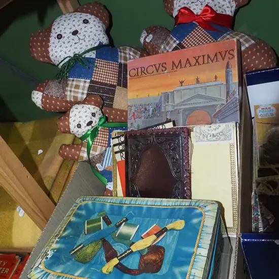 box; teddy bears, board games, vintage tin etc