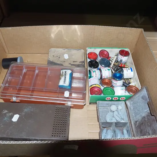 box; scale modellers paints, fishing tackle boxes