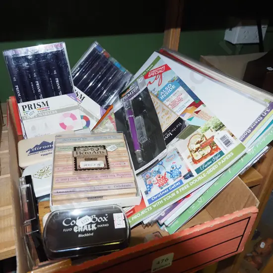 box; crafting supplies, stamps, cards etc