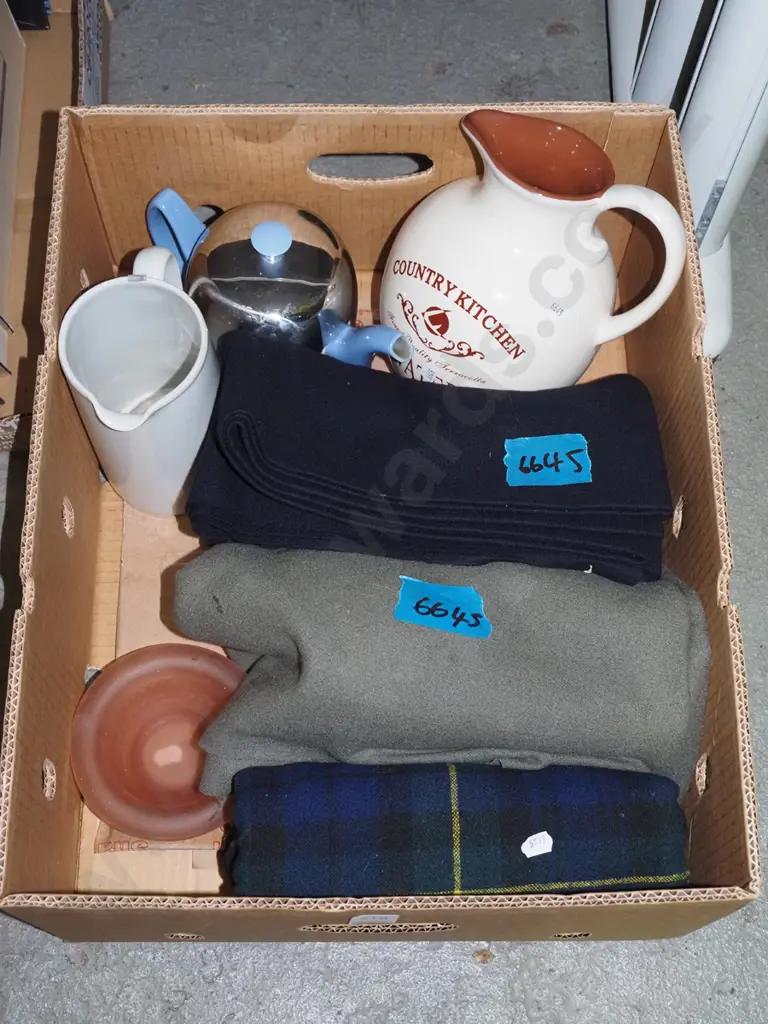 box; fabric pieces, water jug, teapot etc Image 1++