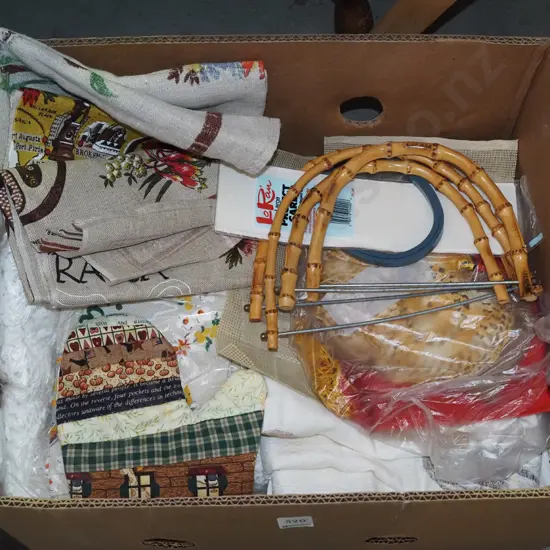 box; table cloths, tea towels etc