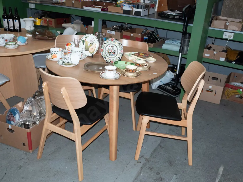 contemporary oak veneer dropside circular table with 4 black vinyl chairs - excellent condition H760 Dim1065  Image 1++