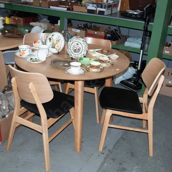 contemporary oak veneer dropside circular table with 4 black vinyl chairs - excellent condition H760 Dim1065 