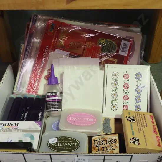 box; rubber stamps, cards, markers etc