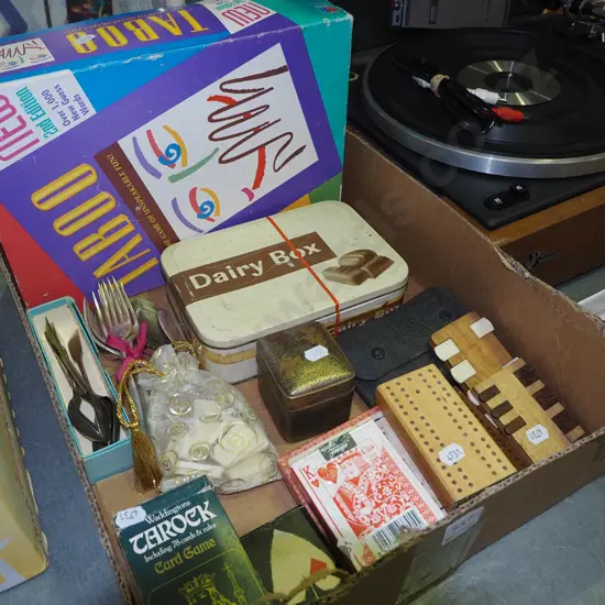 box; dominoes, taboo game, cards etc